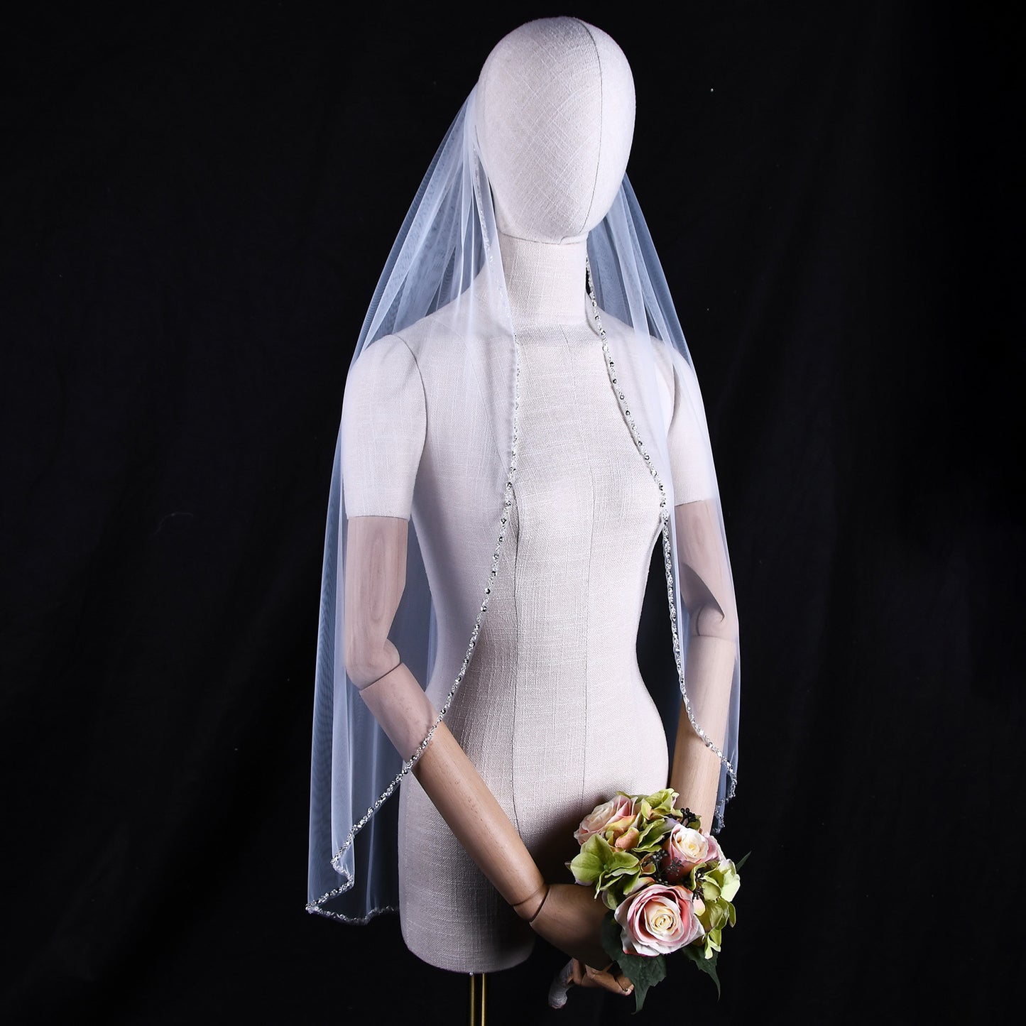 BRIDELLA BV155 Exquisite Hand-Beaded Bridal Veil, Single Layer Fingertip Length Mesh With Comb Wedding Dress
