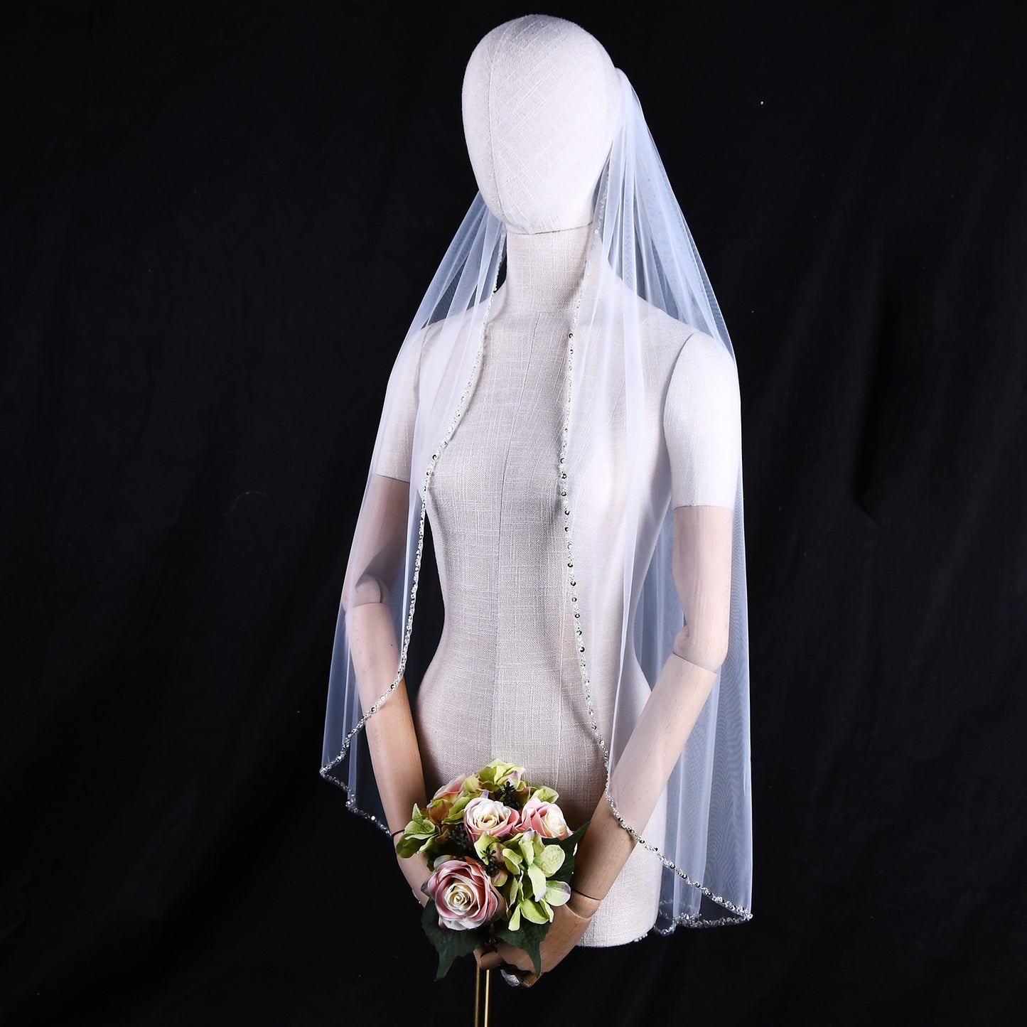 BRIDELLA BV155 Exquisite Hand-Beaded Bridal Veil, Single Layer Fingertip Length Mesh With Comb Wedding Dress