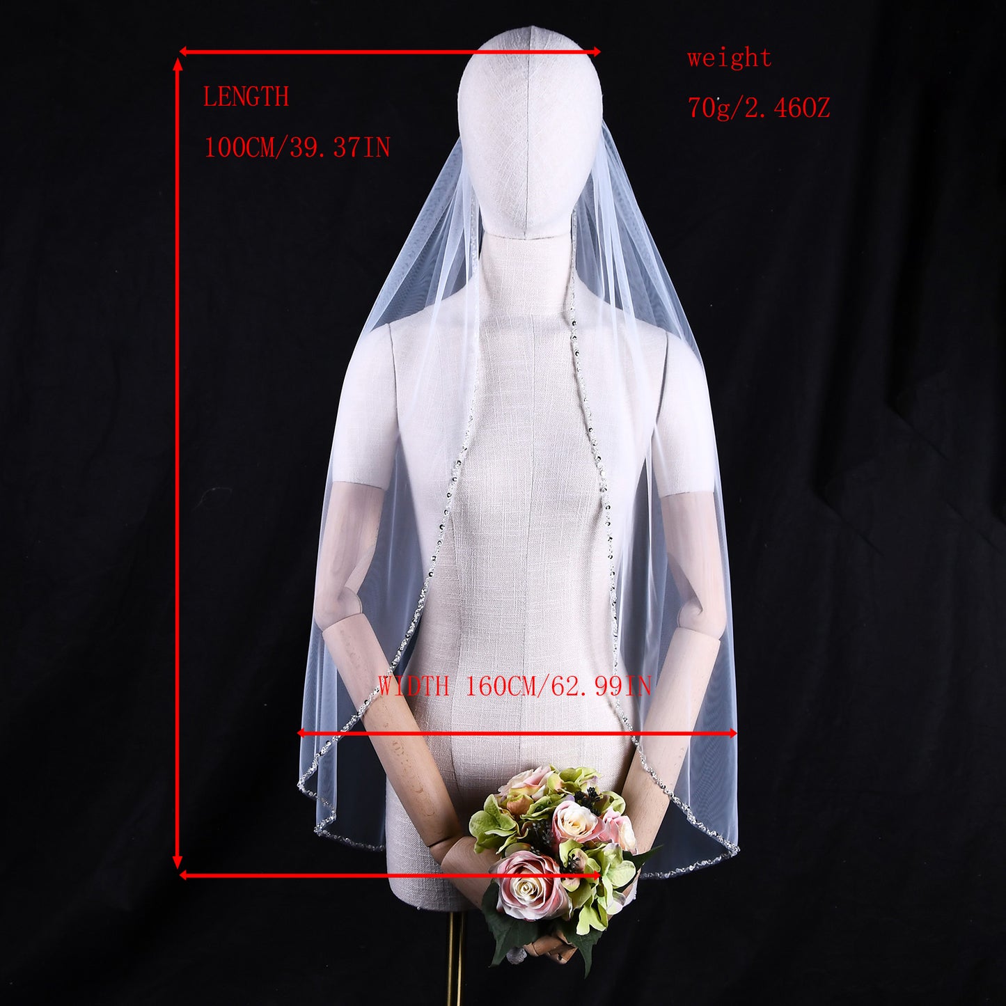BRIDELLA BV155 Exquisite Hand-Beaded Bridal Veil, Single Layer Fingertip Length Mesh With Comb Wedding Dress