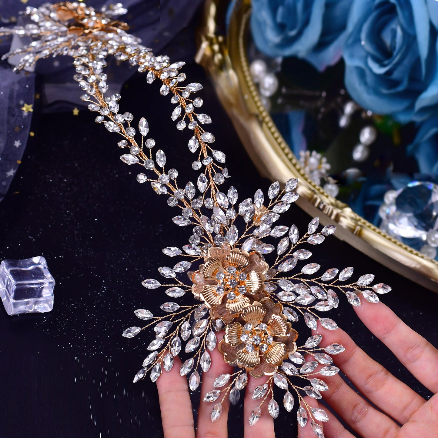 BRIDELLA BHP284 Alloy Flower Headband for Woman Wedding Hair Accessories Bridal Crowns and Tiaras Rhinestone Bride Headdress