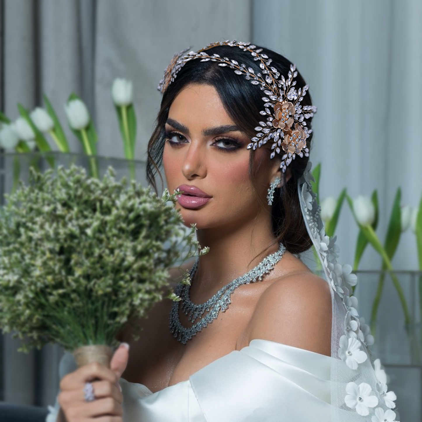 BRIDELLA BHP284 Alloy Flower Headband for Woman Wedding Hair Accessories Bridal Crowns and Tiaras Rhinestone Bride Headdress