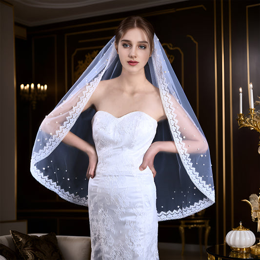 BRIDELLA BV168 Delicate Lace Embroidered Short Bridal Veil With Comb And Pearl Embroidery Fingertip Length