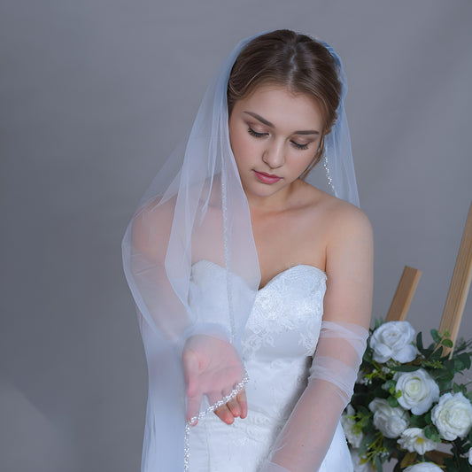 BRIDELLA BV175 Fashion Bridal Exquisite Beaded Veil Single Layer Fingertip Length with Hair Comb Wedding Accessories