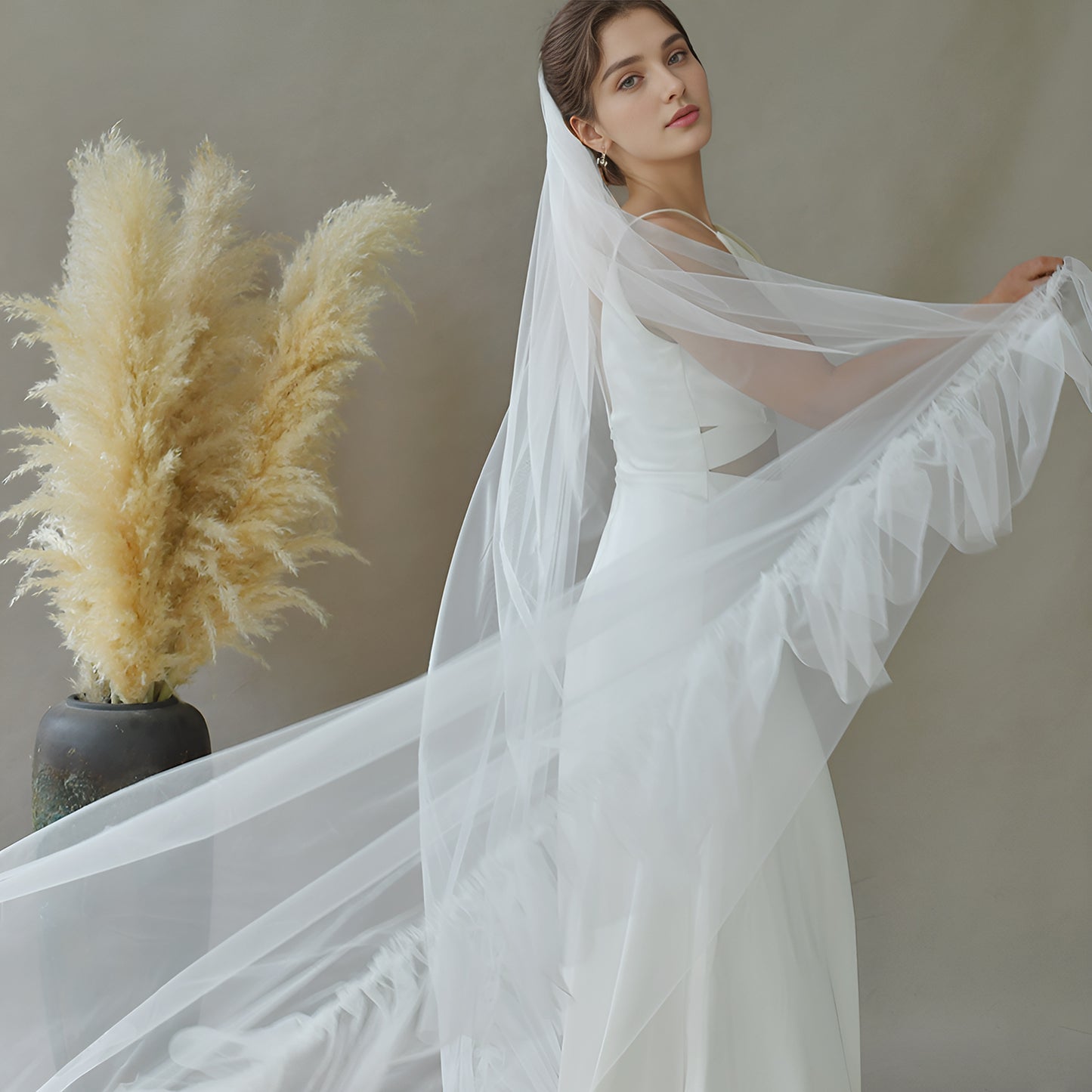 BRIDELLA BV181 Simple Style Single Layer Long Trailing Veil With Ruffle Shape Bridal Wedding Veil Outdoor Lawn Photography Props