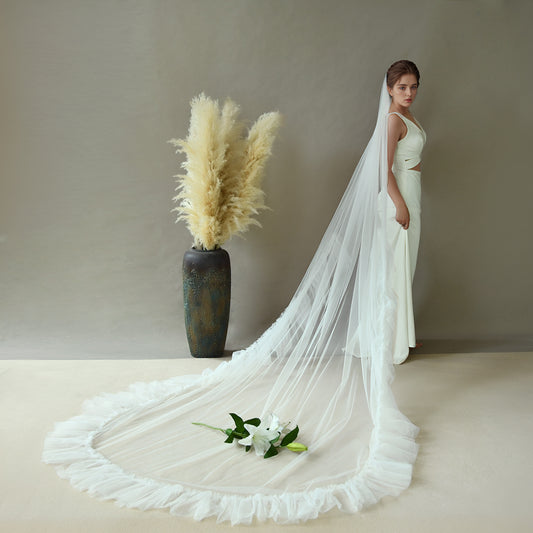 BRIDELLA BV181 Simple Style Single Layer Long Trailing Veil With Ruffle Shape Bridal Wedding Veil Outdoor Lawn Photography Props