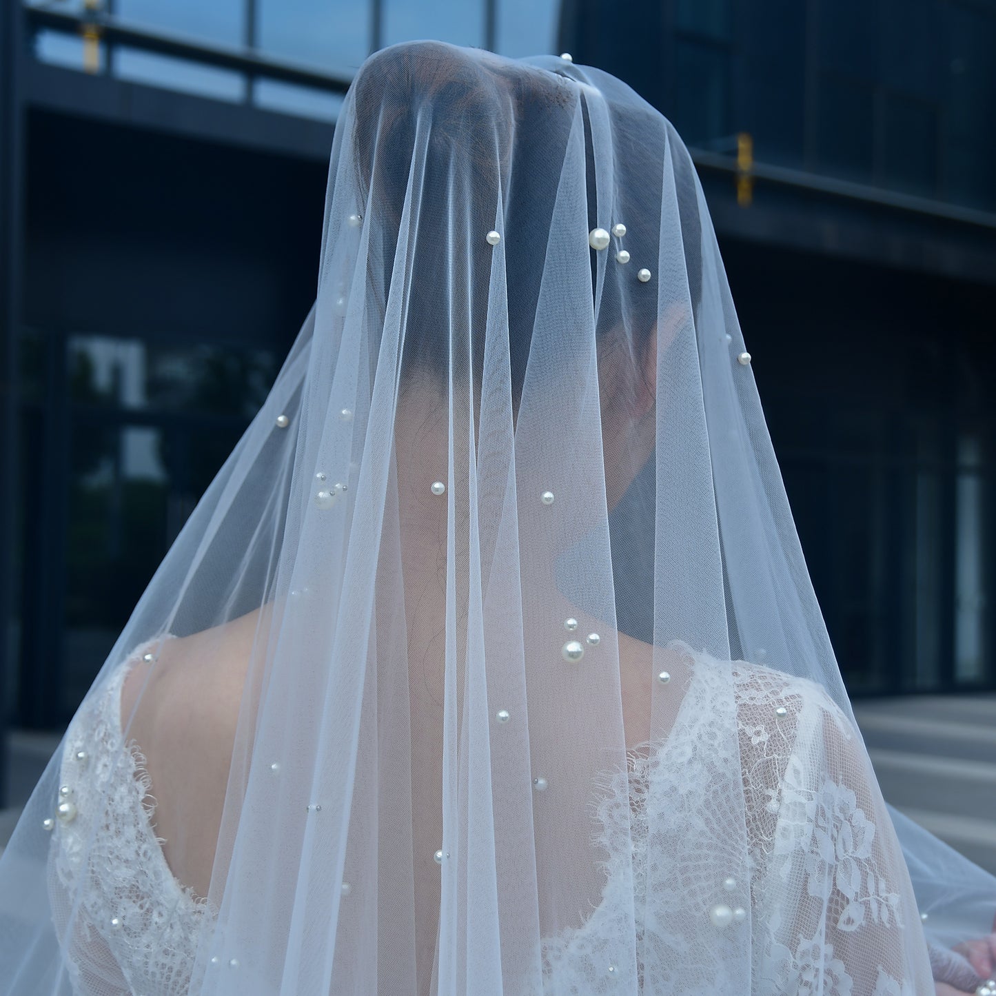 BRIDELLA BV186 Classic And Stylish Pearl Veil With Double Blusher Veil And Chapel-Length Design