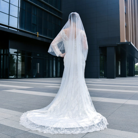 BRIDELLA BV186 Classic And Stylish Pearl Veil With Double Blusher Veil And Chapel-Length Design