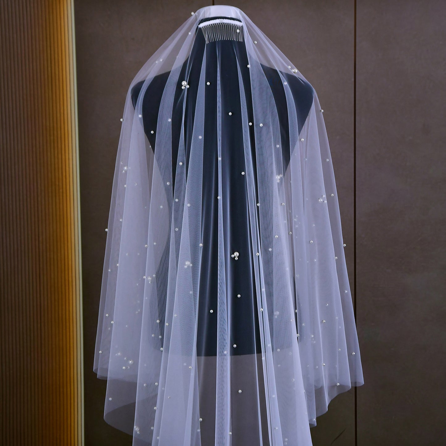BRIDELLA BV186 Classic And Stylish Pearl Veil With Double Blusher Veil And Chapel-Length Design