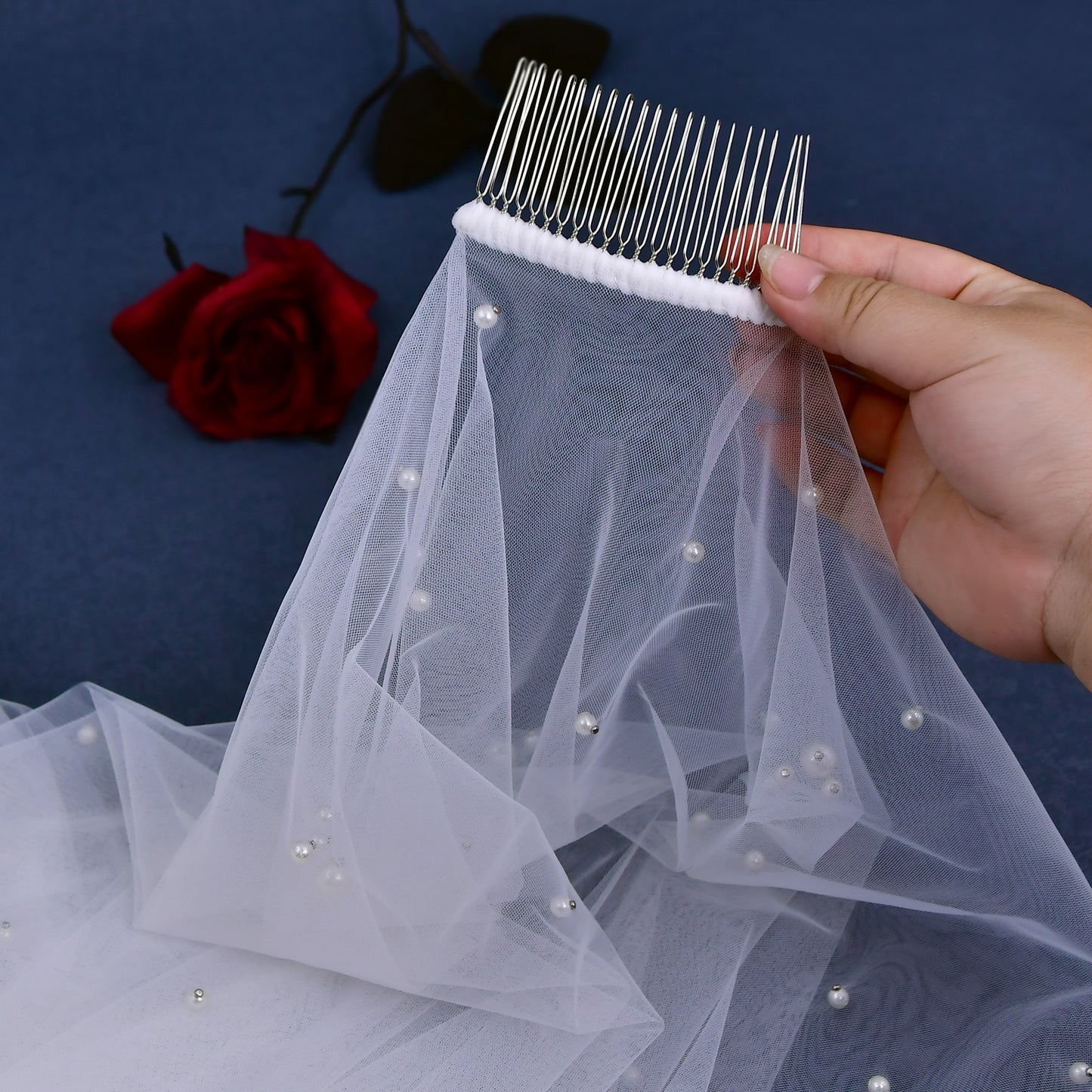 BRIDELLA BV186 Classic And Stylish Pearl Veil With Double Blusher Veil And Chapel-Length Design