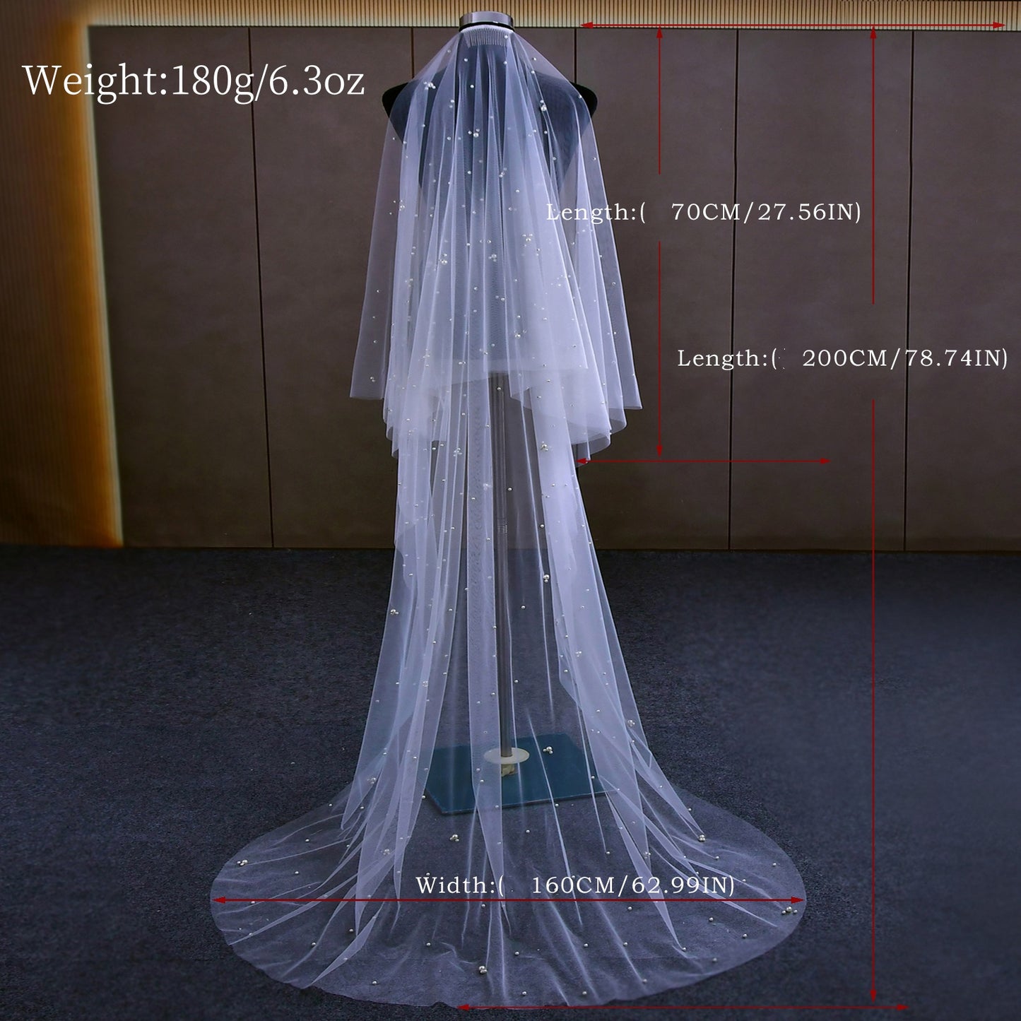BRIDELLA BV186 Classic And Stylish Pearl Veil With Double Blusher Veil And Chapel-Length Design