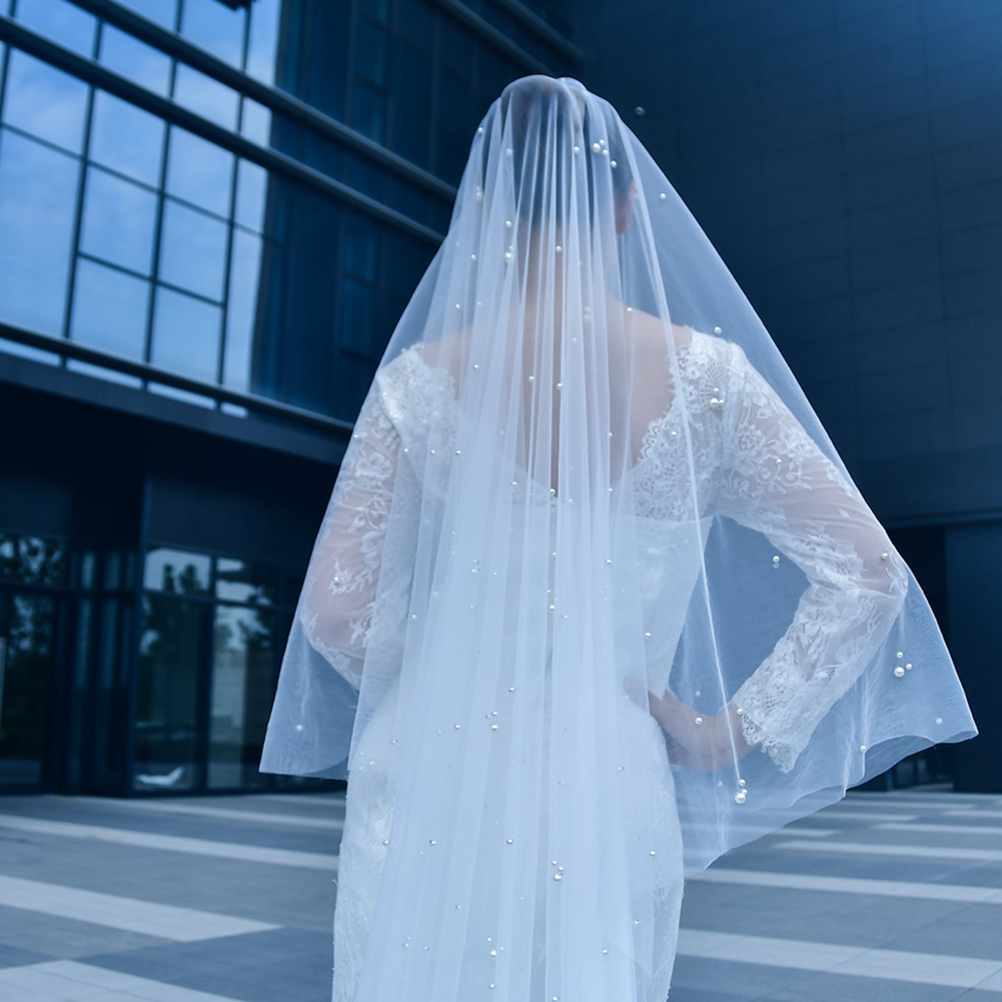 BRIDELLA BV186 Classic And Stylish Pearl Veil With Double Blusher Veil And Chapel-Length Design