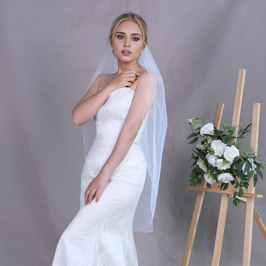 BRIDELLA BV189 Minimalist Style Single Layer Glass Crystal Hand-Beaded Veil Bridal Wedding Style Fingertip Length