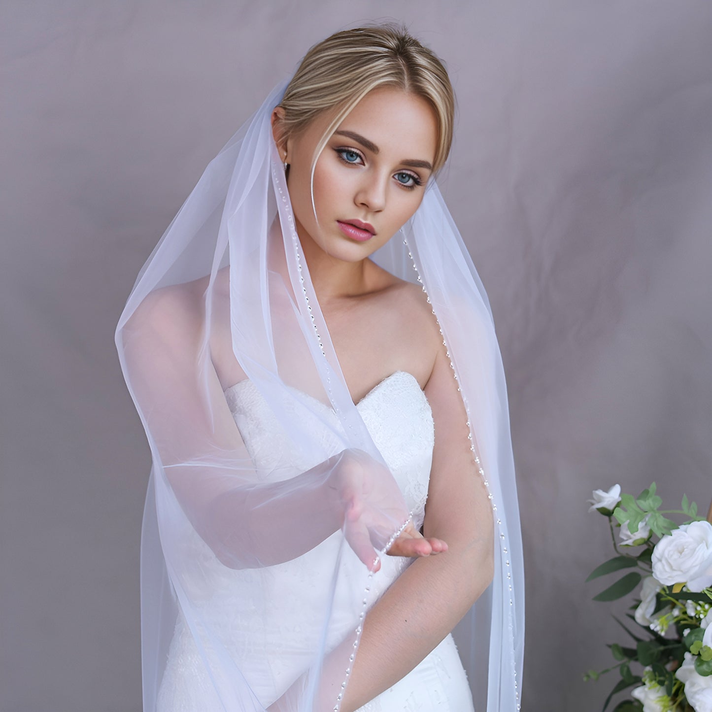 BRIDELLA BV189 Minimalist Style Single Layer Glass Crystal Hand-Beaded Veil Bridal Wedding Style Fingertip Length