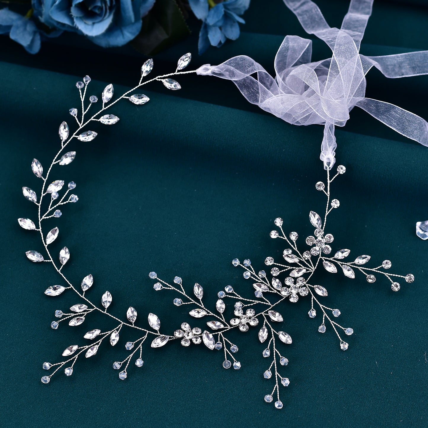 BRIDELLA BHP65 Royal Blue Handmade Rhinestone Woman Headband Bride Wedding Hair Accessories Head Jewelry Bridal Headpieces with Organza