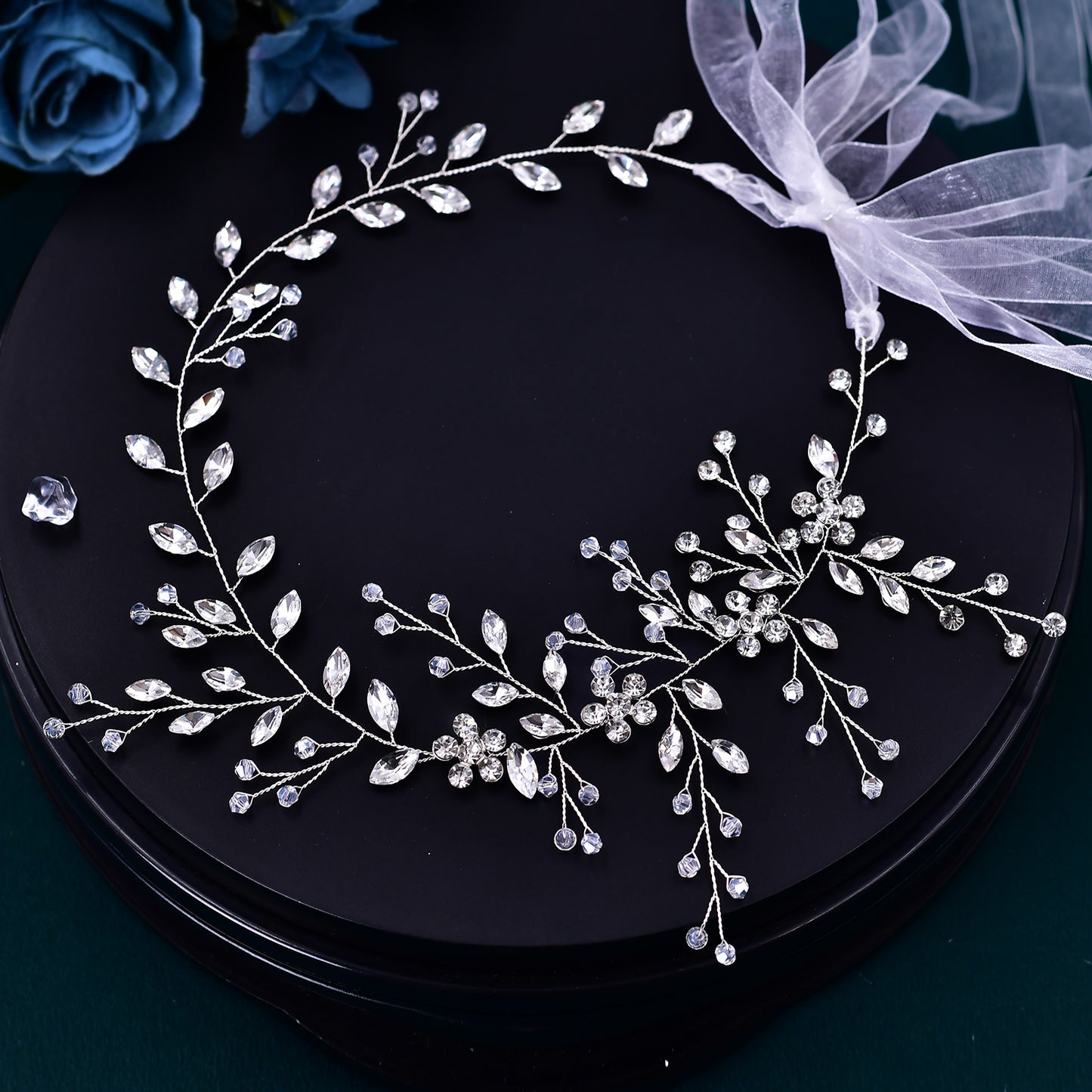 BRIDELLA BHP65 Royal Blue Handmade Rhinestone Woman Headband Bride Wedding Hair Accessories Head Jewelry Bridal Headpieces with Organza
