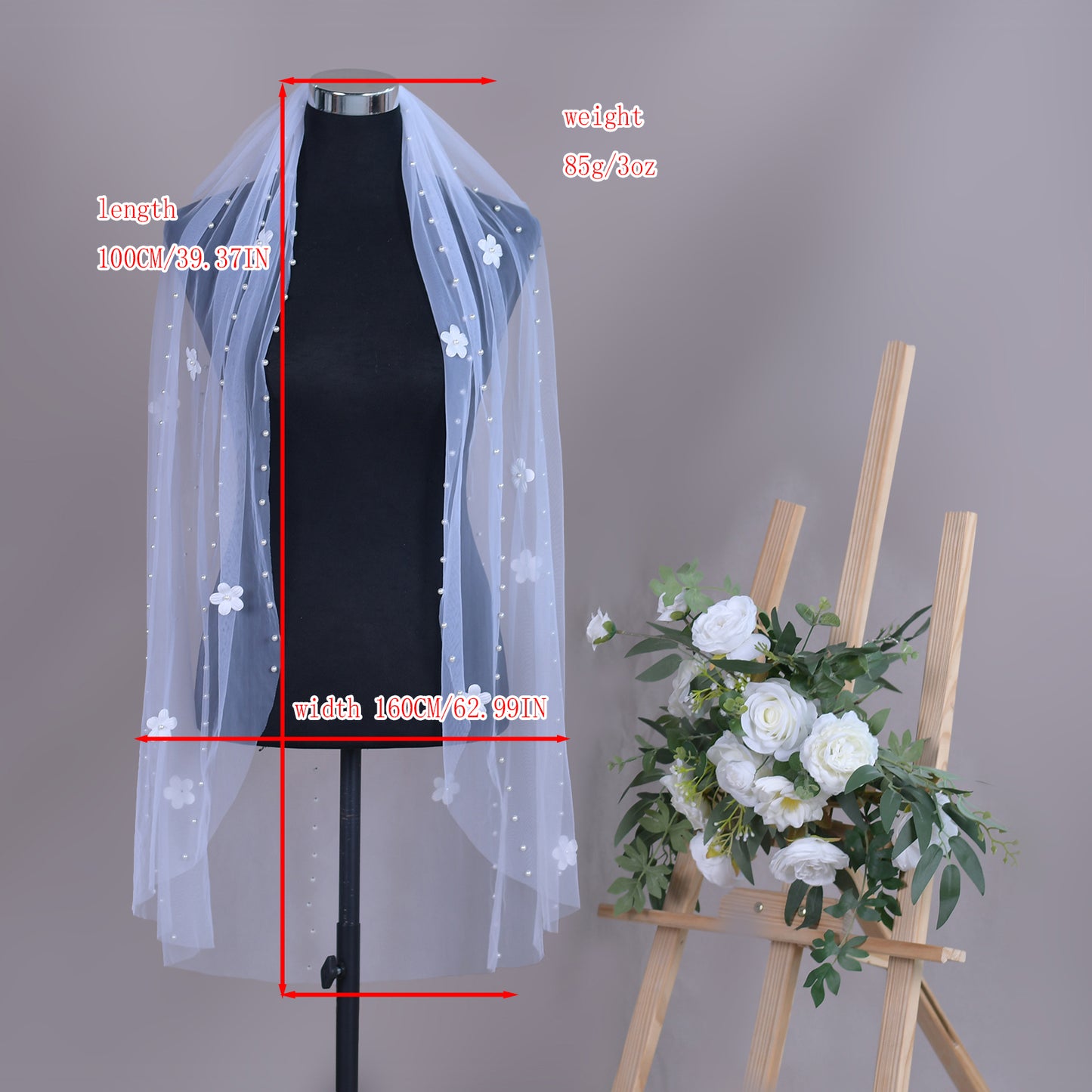 BRIDELLA BV193 Romantic 3D Flower Pearl Bridal Veil Single Layer Fingertip Length with Comb Elegant Wedding Veil