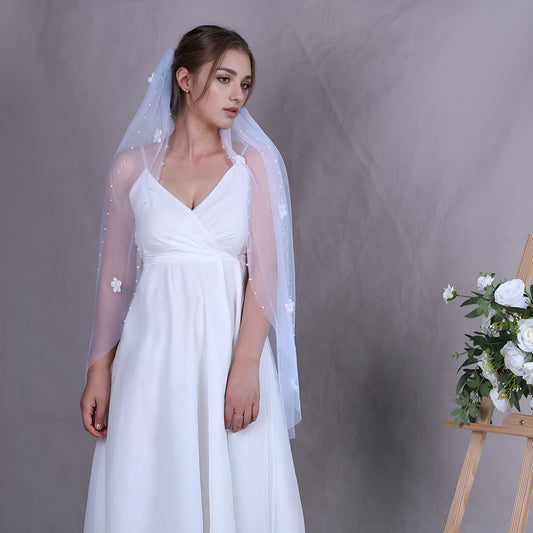 BRIDELLA BV193 Romantic 3D Flower Pearl Bridal Veil Single Layer Fingertip Length with Comb Elegant Wedding Veil