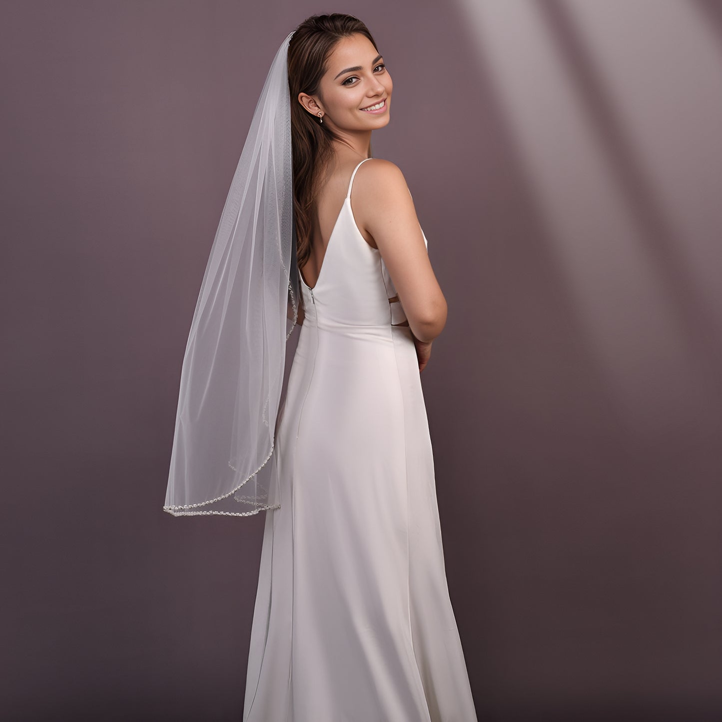 BRIDELLA BV196 High Quality Handmade Beaded Edge Shaped Bridal Wedding Veil Single Layer Fingertip Length with Comb