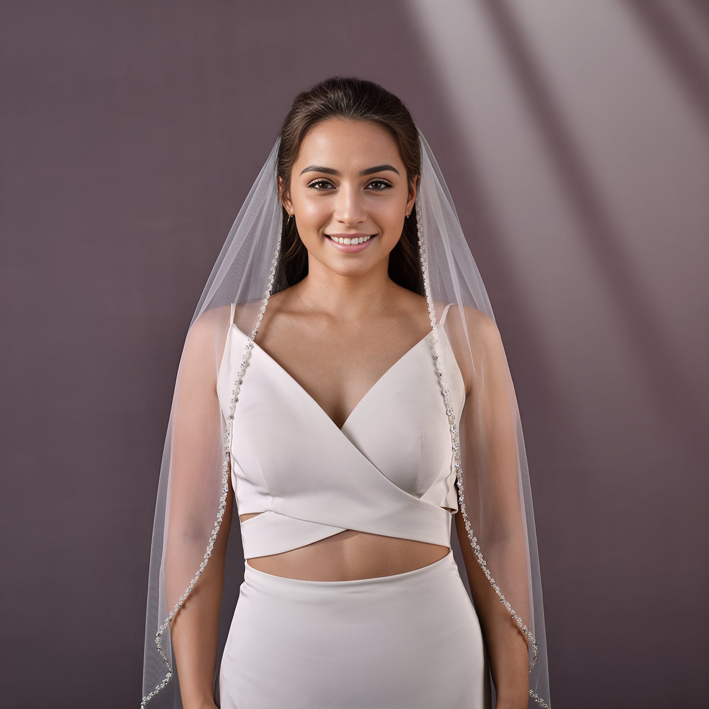 BRIDELLA BV196 High Quality Handmade Beaded Edge Shaped Bridal Wedding Veil Single Layer Fingertip Length with Comb
