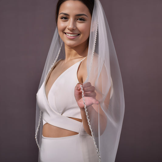 BRIDELLA BV196 High Quality Handmade Beaded Edge Shaped Bridal Wedding Veil Single Layer Fingertip Length with Comb