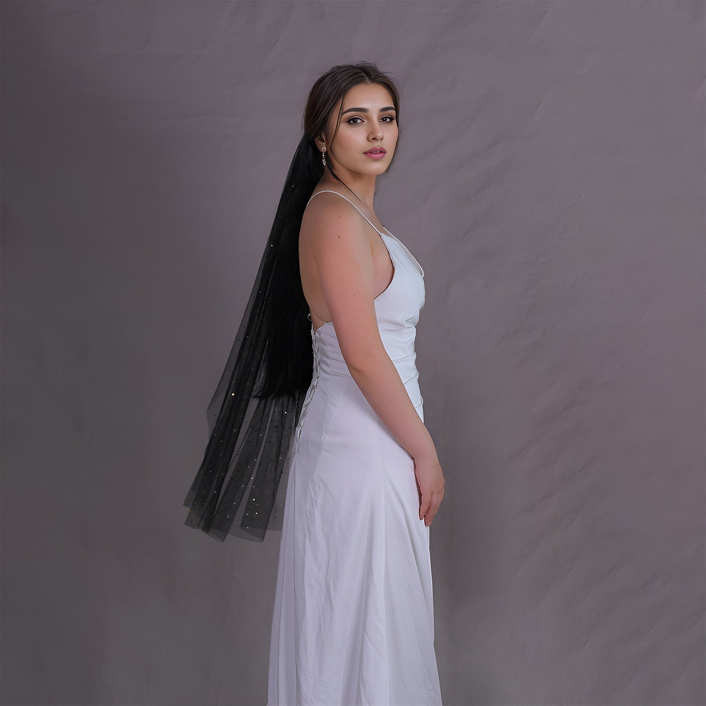 BRIDELLA BV209 Festive Black Sequined Veil With Fingertip-Length Comb For Bachelorette Parties