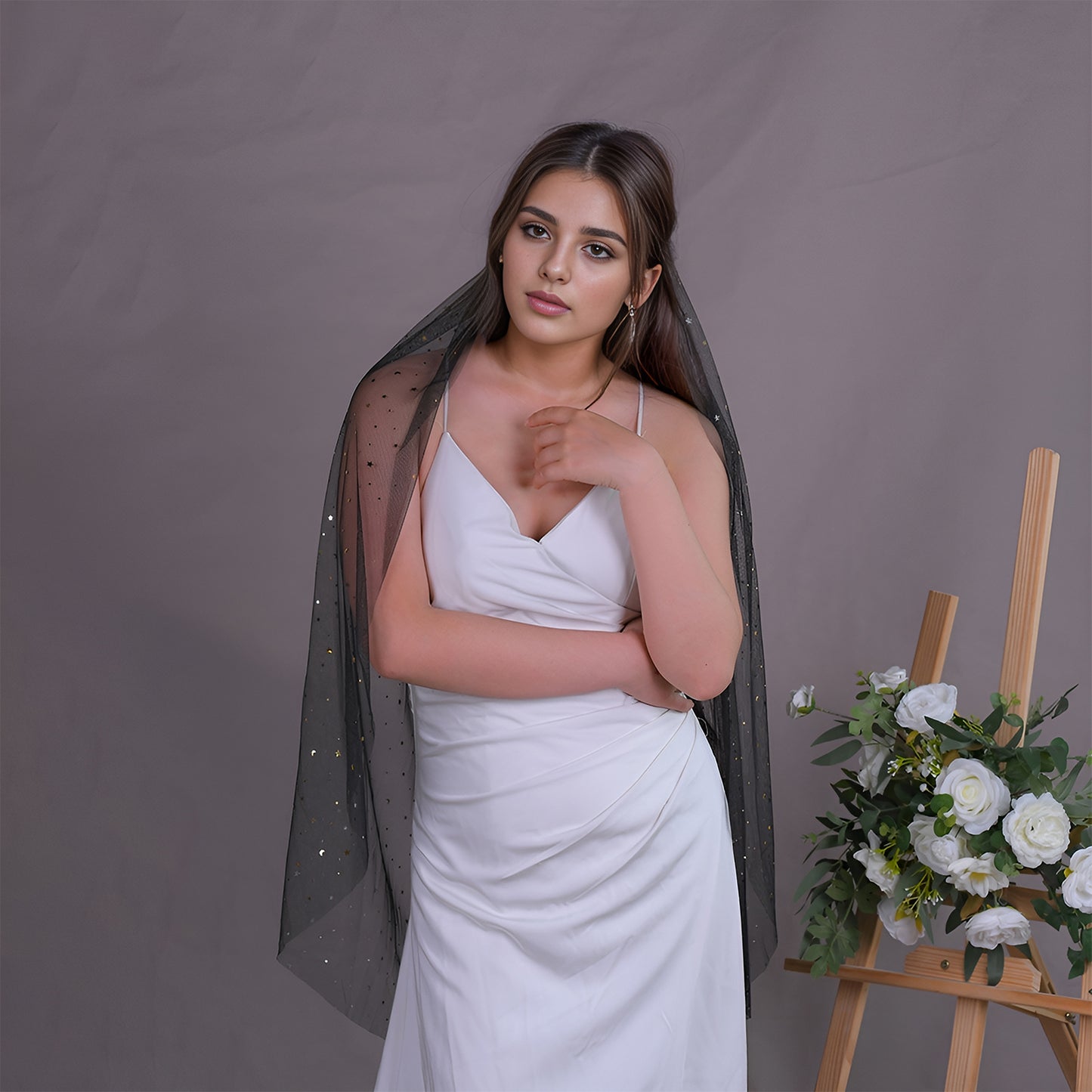 BRIDELLA BV209 Festive Black Sequined Veil With Fingertip-Length Comb For Bachelorette Parties