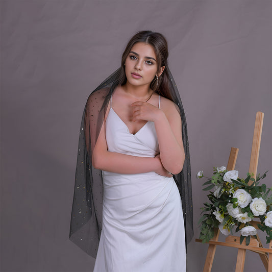 BRIDELLA BV209 Festive Black Sequined Veil With Fingertip-Length Comb For Bachelorette Parties