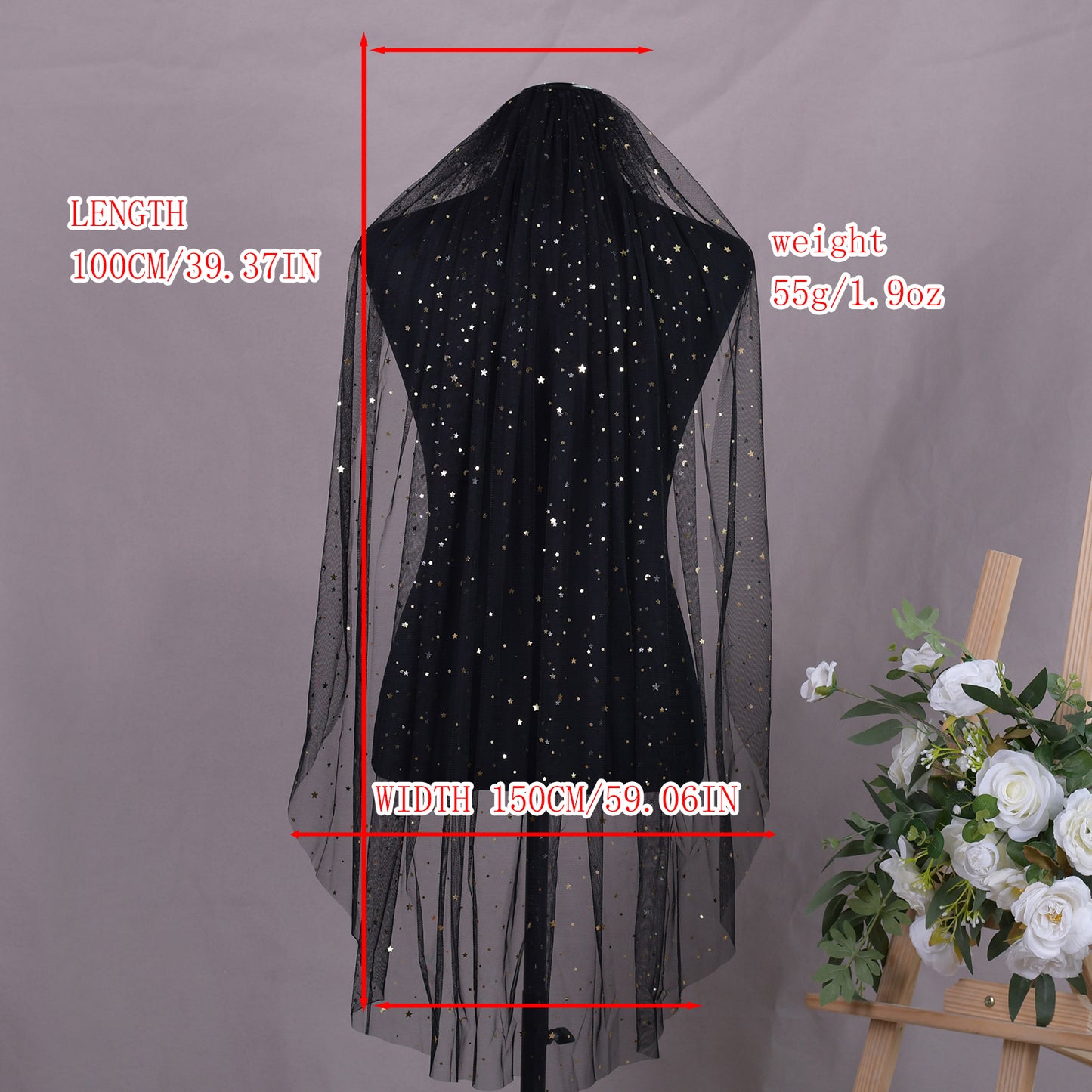 BRIDELLA BV209 Festive Black Sequined Veil With Fingertip-Length Comb For Bachelorette Parties