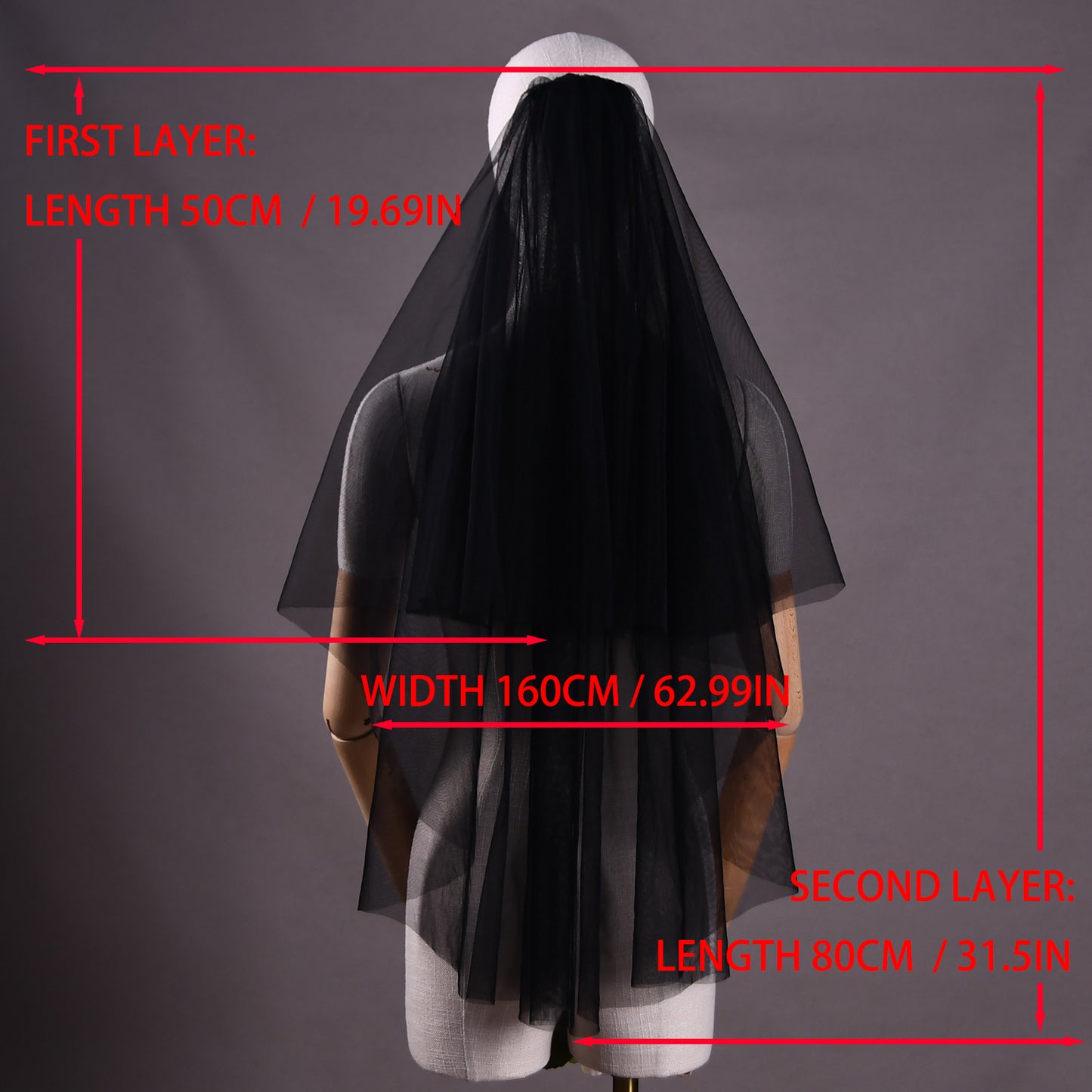 BRIDELLA BV215 Double Layer Blush Mask Black Transparent Mesh Bridal Veil Halloween Dress Veil