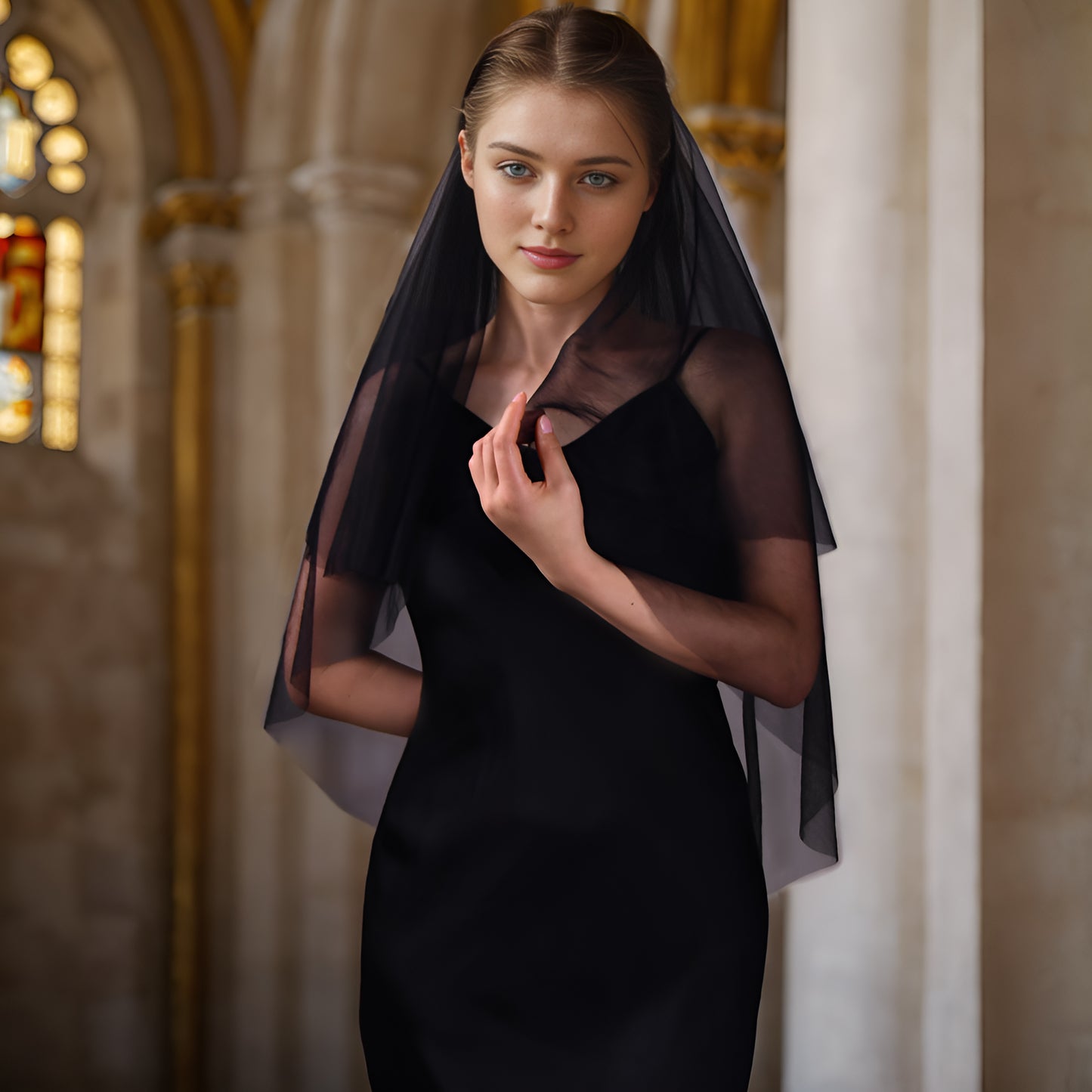 BRIDELLA BV215 Double Layer Blush Mask Black Transparent Mesh Bridal Veil Halloween Dress Veil