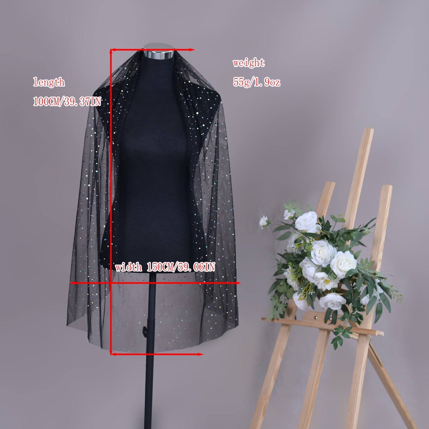 BRIDELLA BV209A Single Layer Black Mesh With Polka Dot Sequins, Sparkling Fingertip Length Wedding Veil