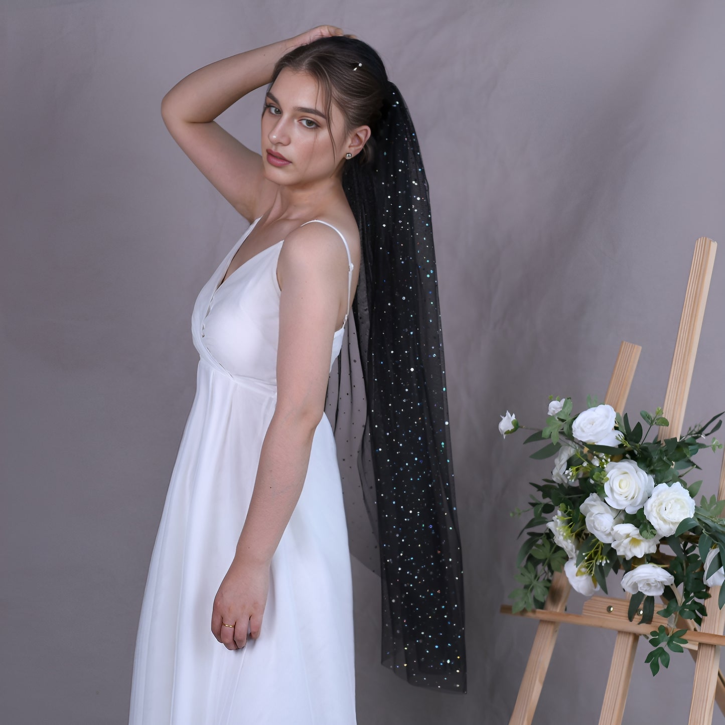 BRIDELLA BV209A Single Layer Black Mesh With Polka Dot Sequins, Sparkling Fingertip Length Wedding Veil