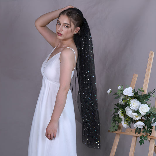 BRIDELLA BV209A Single Layer Black Mesh With Polka Dot Sequins, Sparkling Fingertip Length Wedding Veil