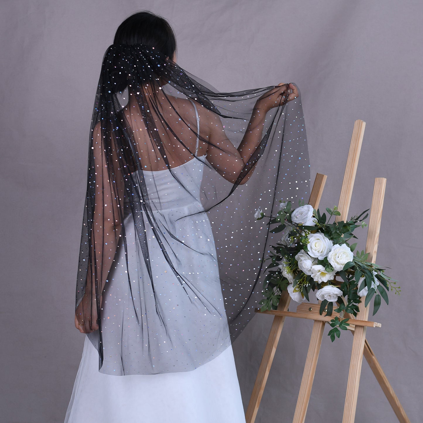 BRIDELLA BV209A Single Layer Black Mesh With Polka Dot Sequins, Sparkling Fingertip Length Wedding Veil