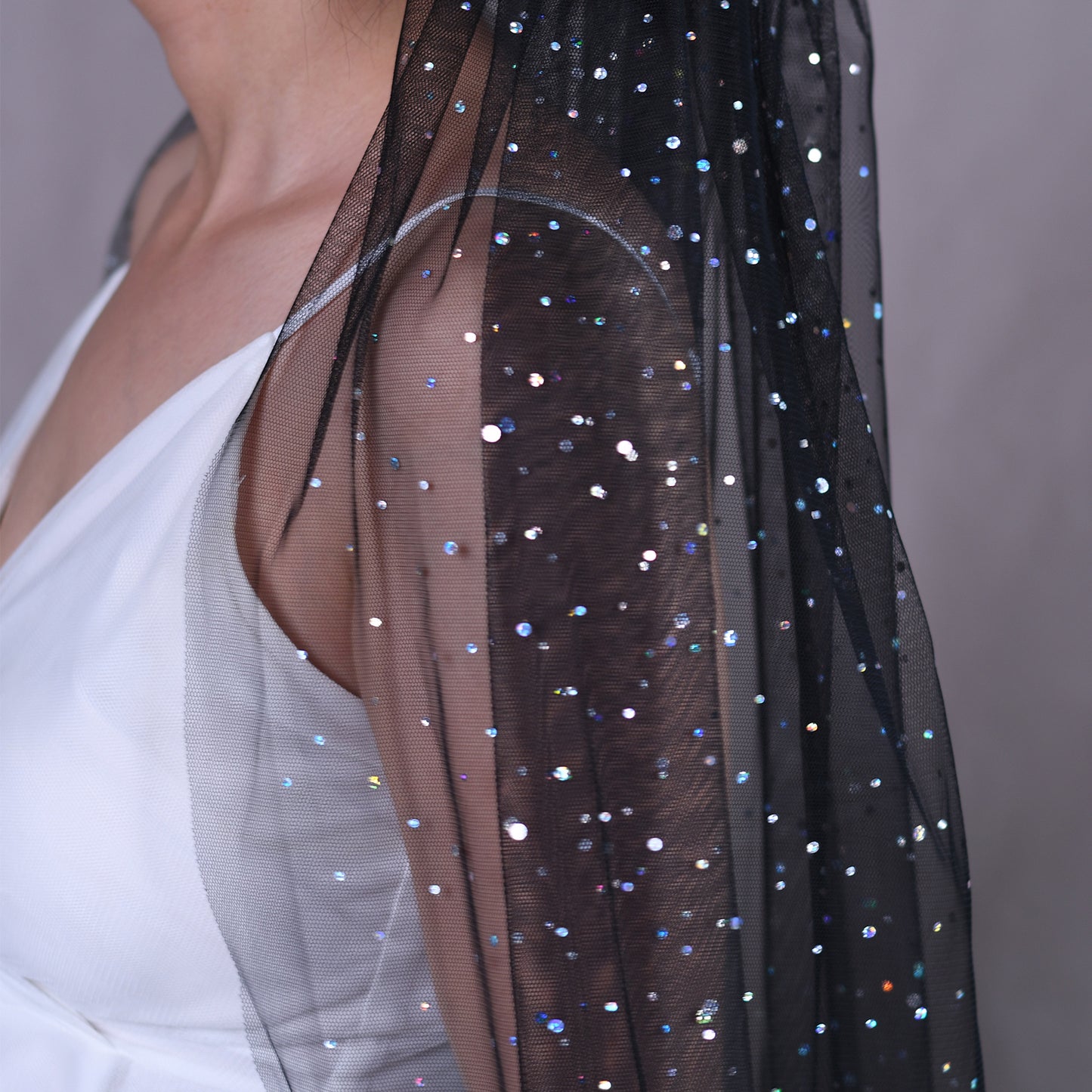 BRIDELLA BV209A Single Layer Black Mesh With Polka Dot Sequins, Sparkling Fingertip Length Wedding Veil