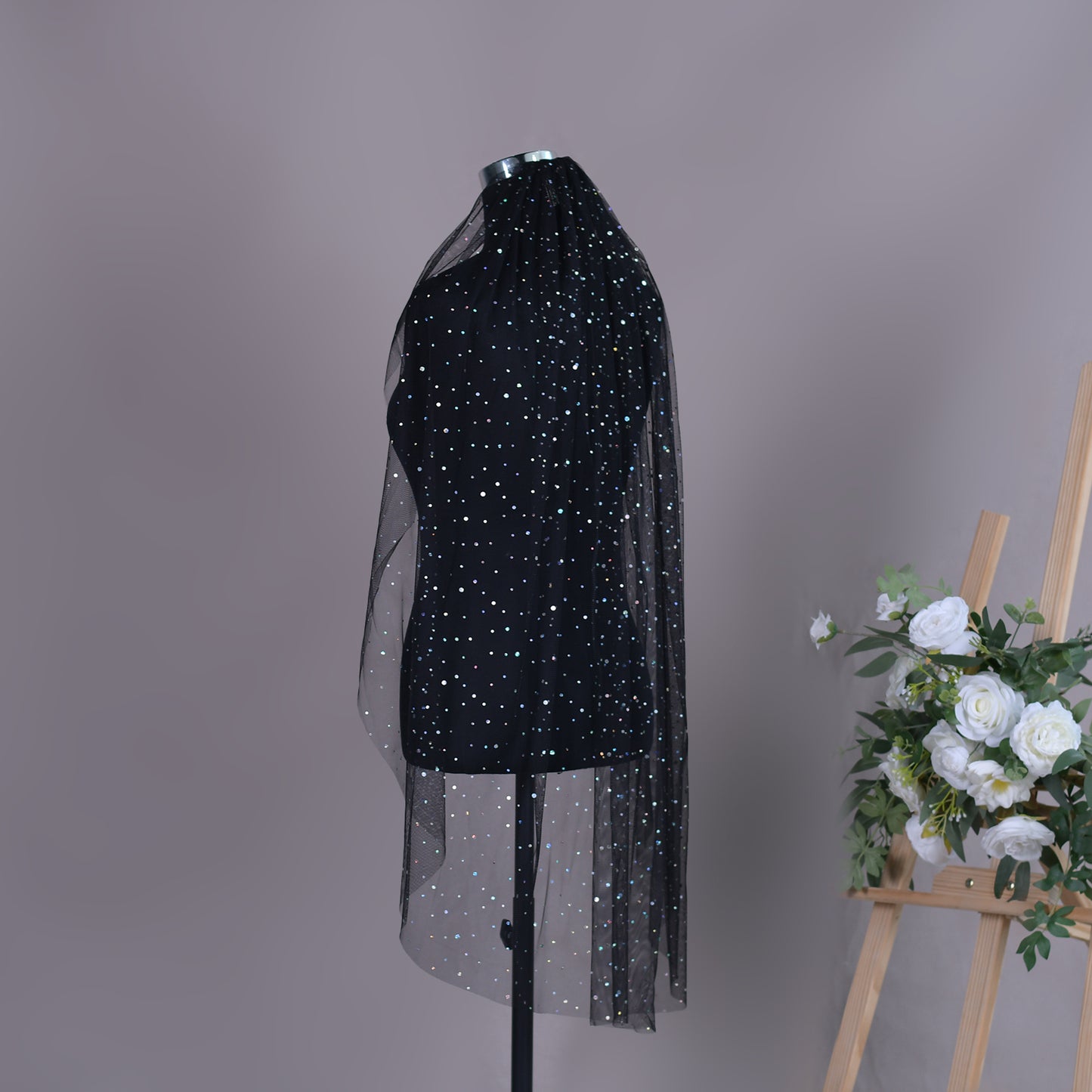 BRIDELLA BV209A Single Layer Black Mesh With Polka Dot Sequins, Sparkling Fingertip Length Wedding Veil