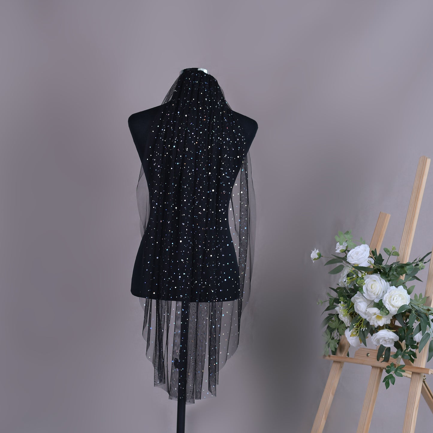 BRIDELLA BV209A Single Layer Black Mesh With Polka Dot Sequins, Sparkling Fingertip Length Wedding Veil