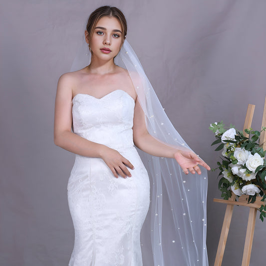 V182-IY2 white pearl mesh veil