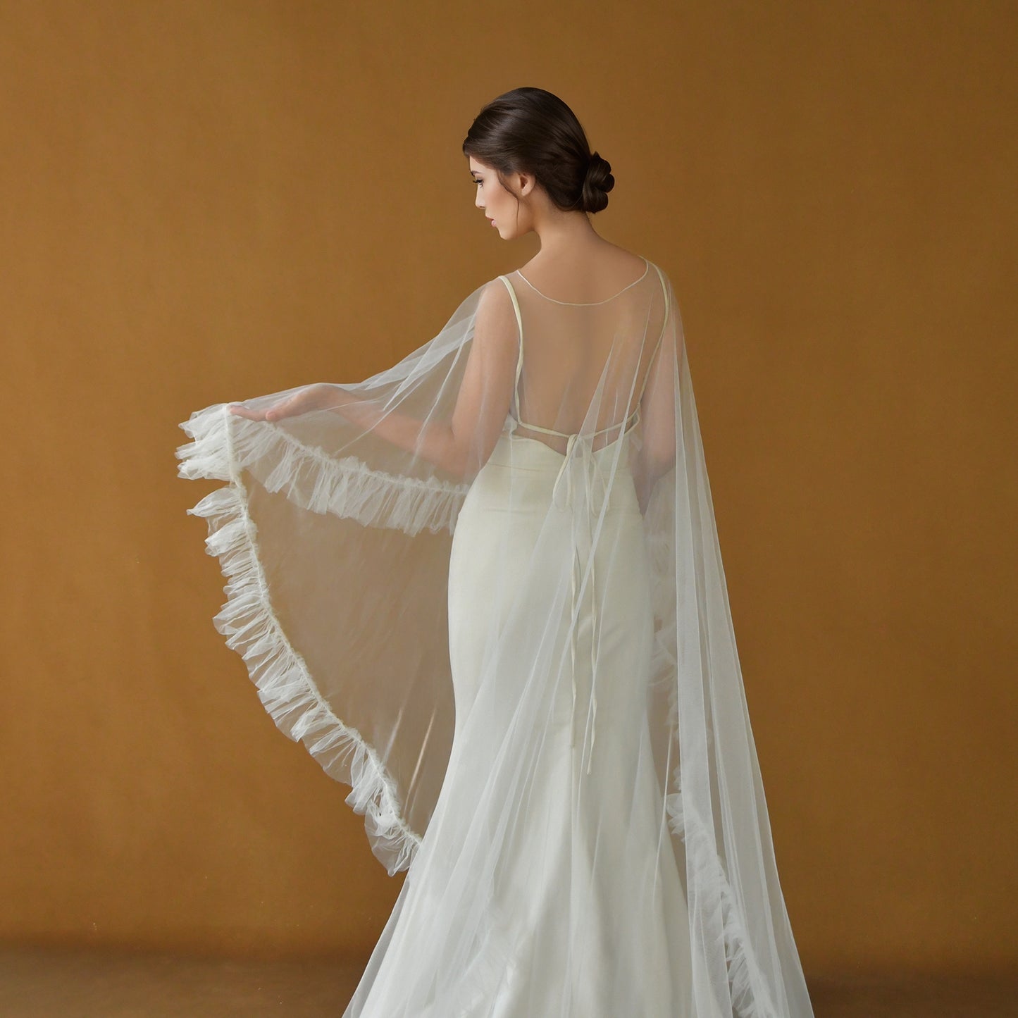 BRIDELLA BMG19 Elegant Cathedral Wedding Shawl Ruffle Jacket Long Bridal Tulle Cloak Shoulder Cover For Wedding Dress