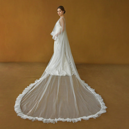 BRIDELLA BMG19 Elegant Cathedral Wedding Shawl Ruffle Jacket Long Bridal Tulle Cloak Shoulder Cover For Wedding Dress