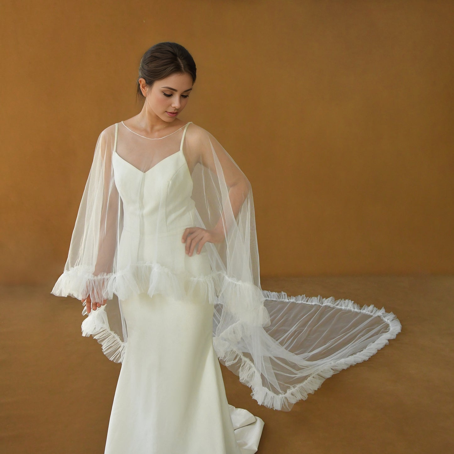 BRIDELLA BMG19 Elegant Cathedral Wedding Shawl Ruffle Jacket Long Bridal Tulle Cloak Shoulder Cover For Wedding Dress