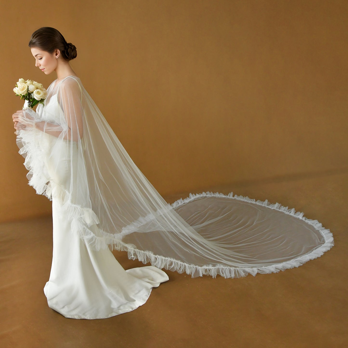 BRIDELLA BMG19 Elegant Cathedral Wedding Shawl Ruffle Jacket Long Bridal Tulle Cloak Shoulder Cover For Wedding Dress