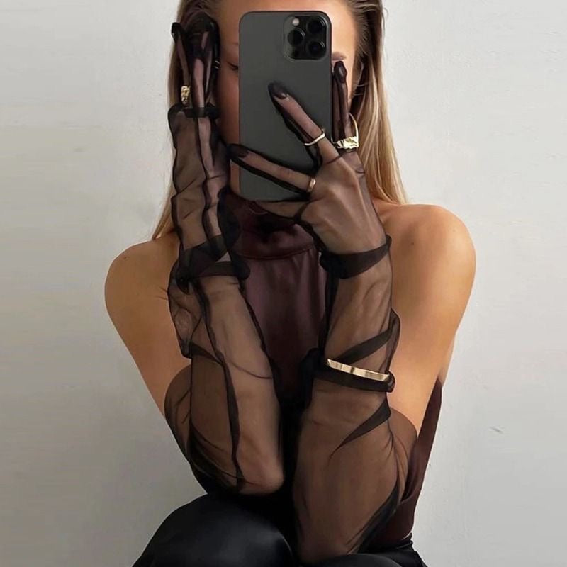 BRIDELLA BGLL-B Bridal Gloves Sexy Solid Color Long Mesh Five-Finger Gloves Black Nude Women's Gloves Wedding Accessories