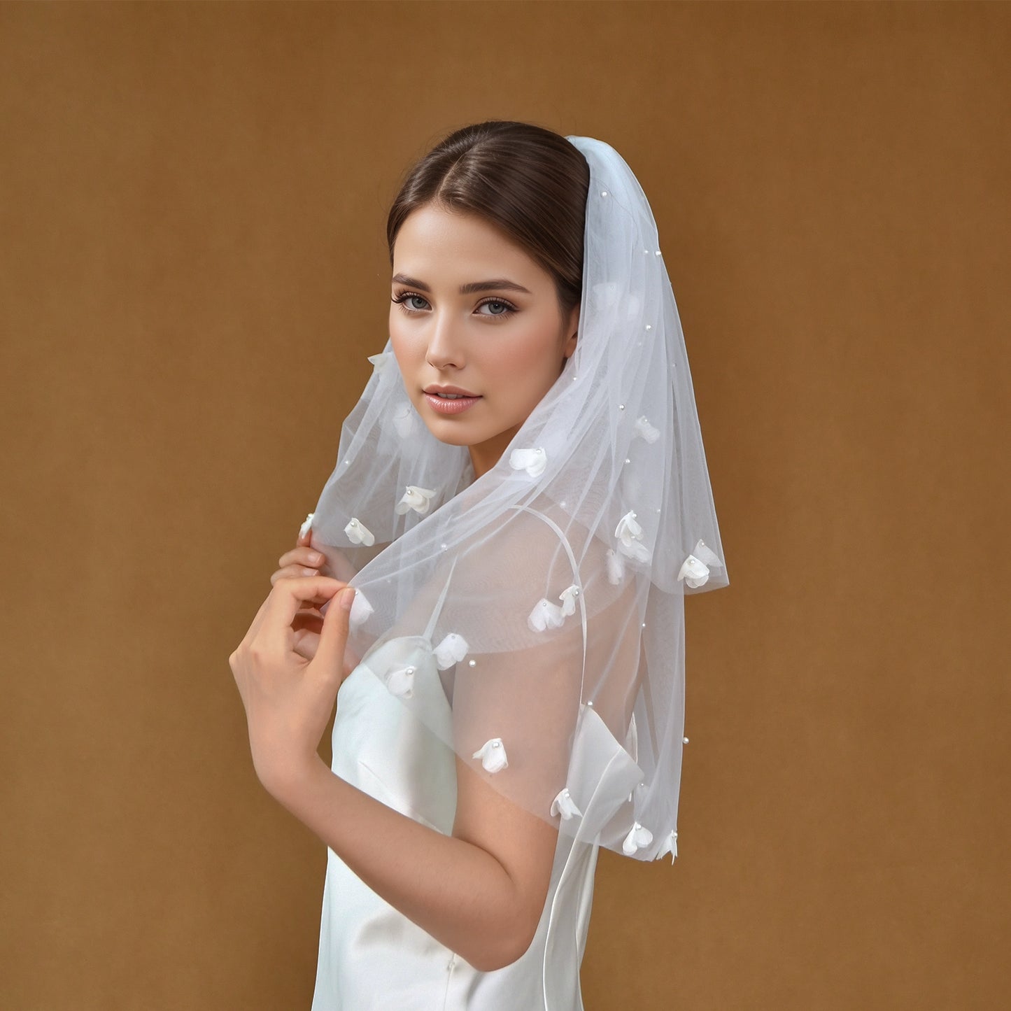 BRIDELLA BM101Cute Double-Layer Flower Bridal Veil with Comb Romantic Short Wedding Veil with Artificial Pearl Decoration Soft Tulle Wedding Accessories Suitable for Women Birthdays Holidays Photography