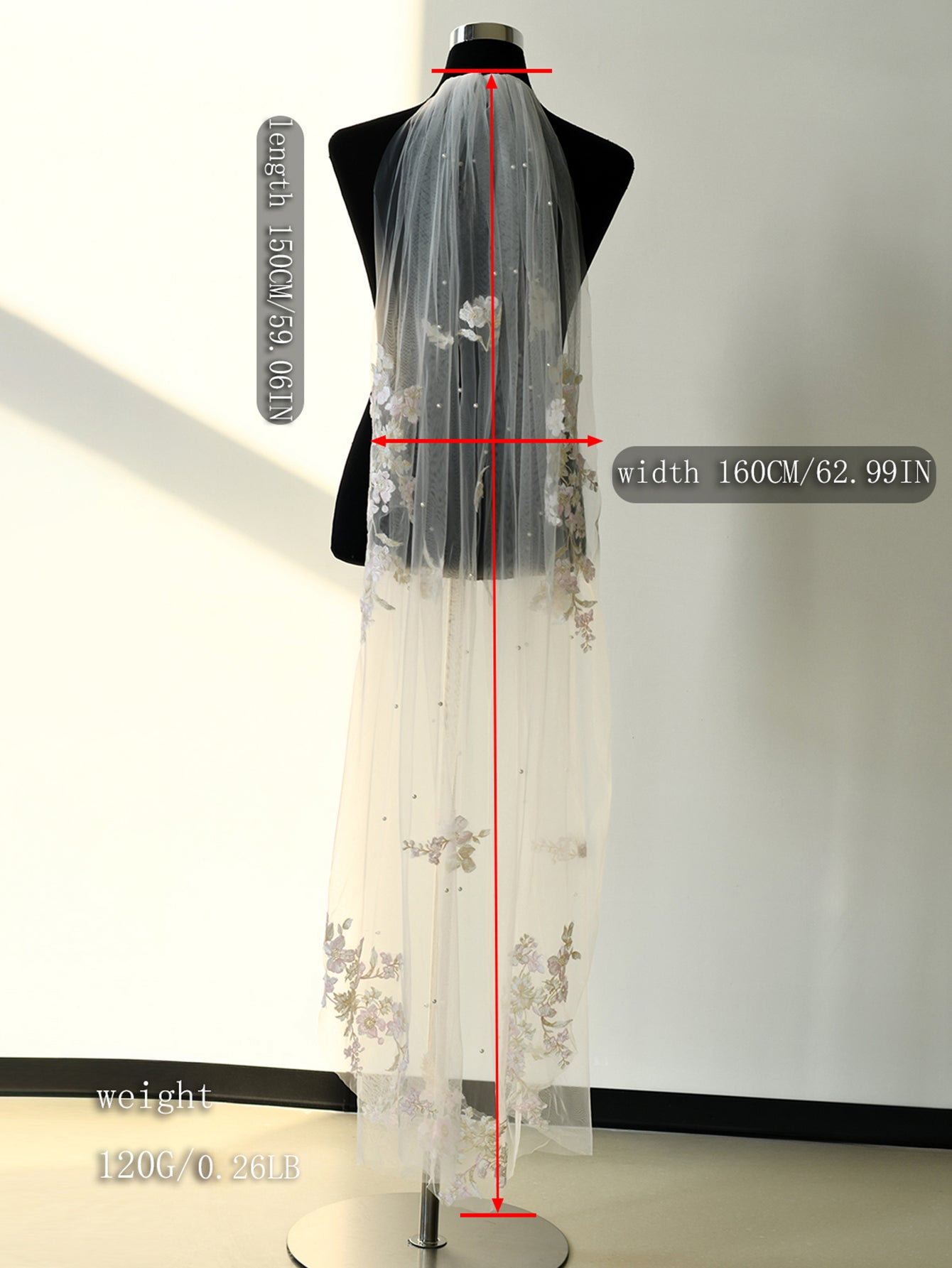 BRIDELLA BM113  Embroidered Floral Piece Pearl Decoration Bridal Veil Waltz Wedding Accessories Beige With Hair Comb Soft Tulle