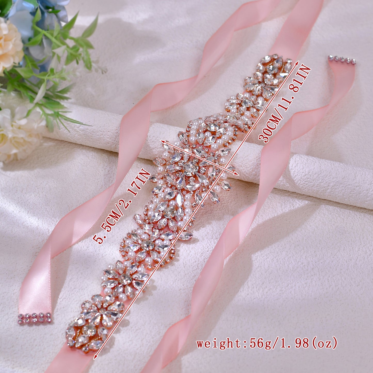 BS445RG-Retro Pink rose gold rhinestone pearl belt