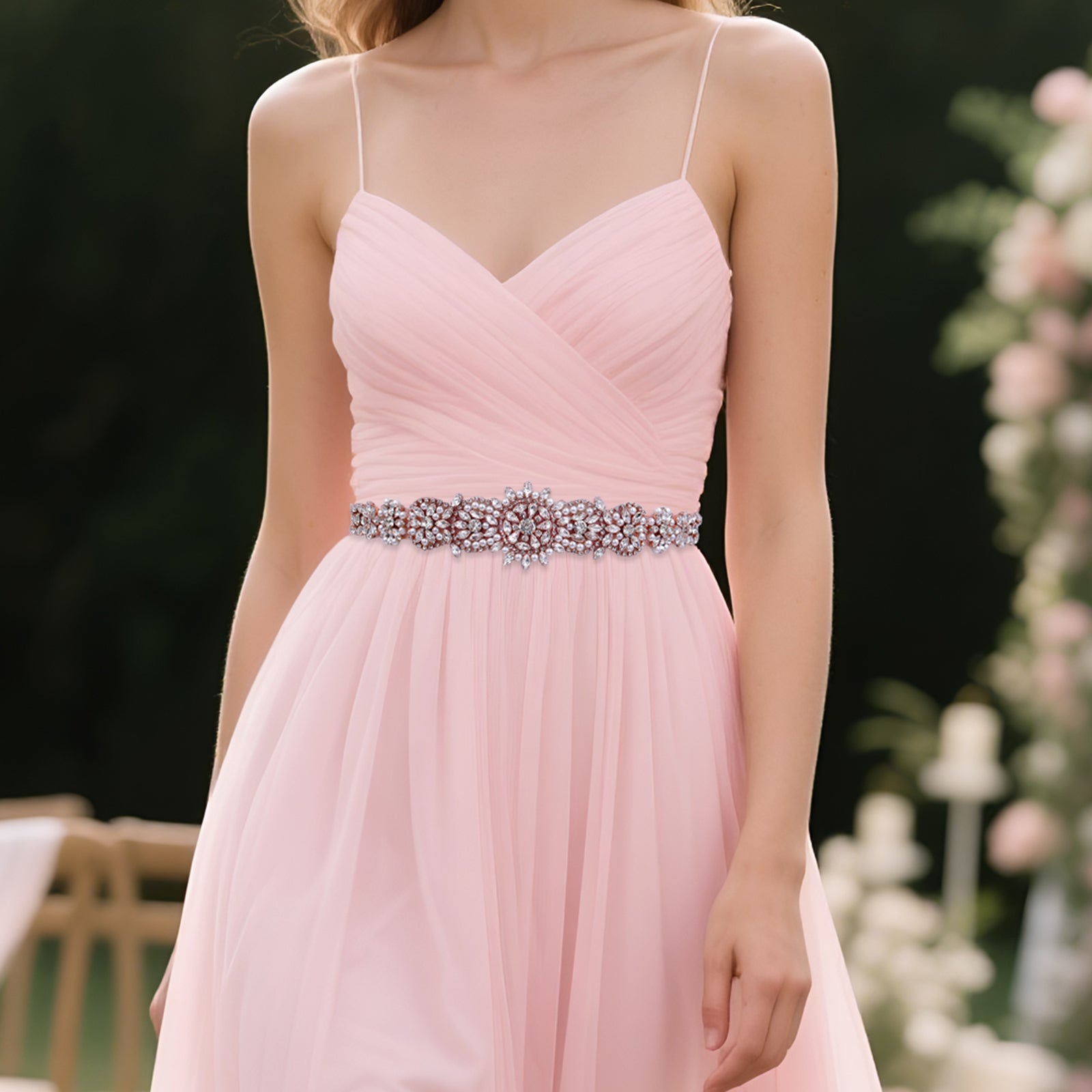 BS445RG-Retro Pink rose gold rhinestone pearl belt