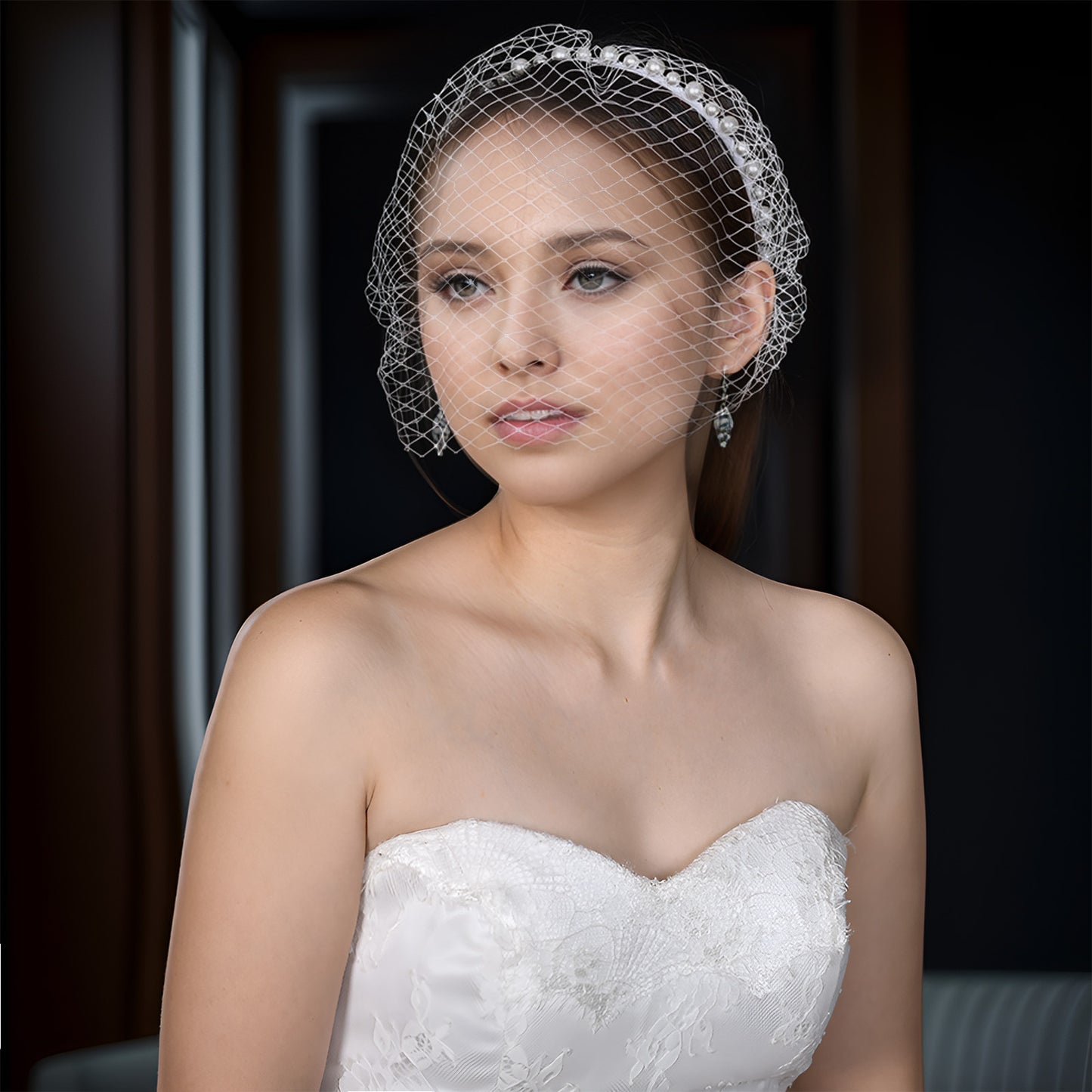 VA11-W white pearl mesh face veil