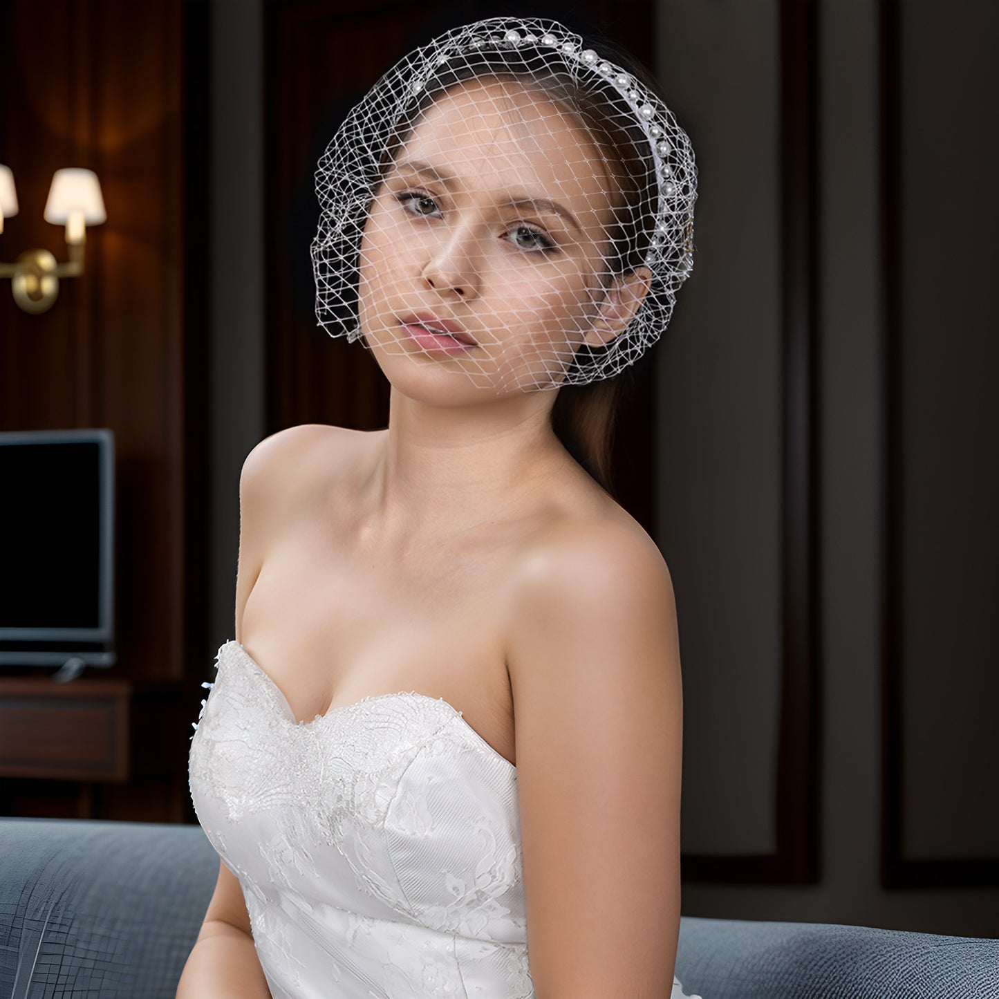 VA11-W white pearl mesh face veil