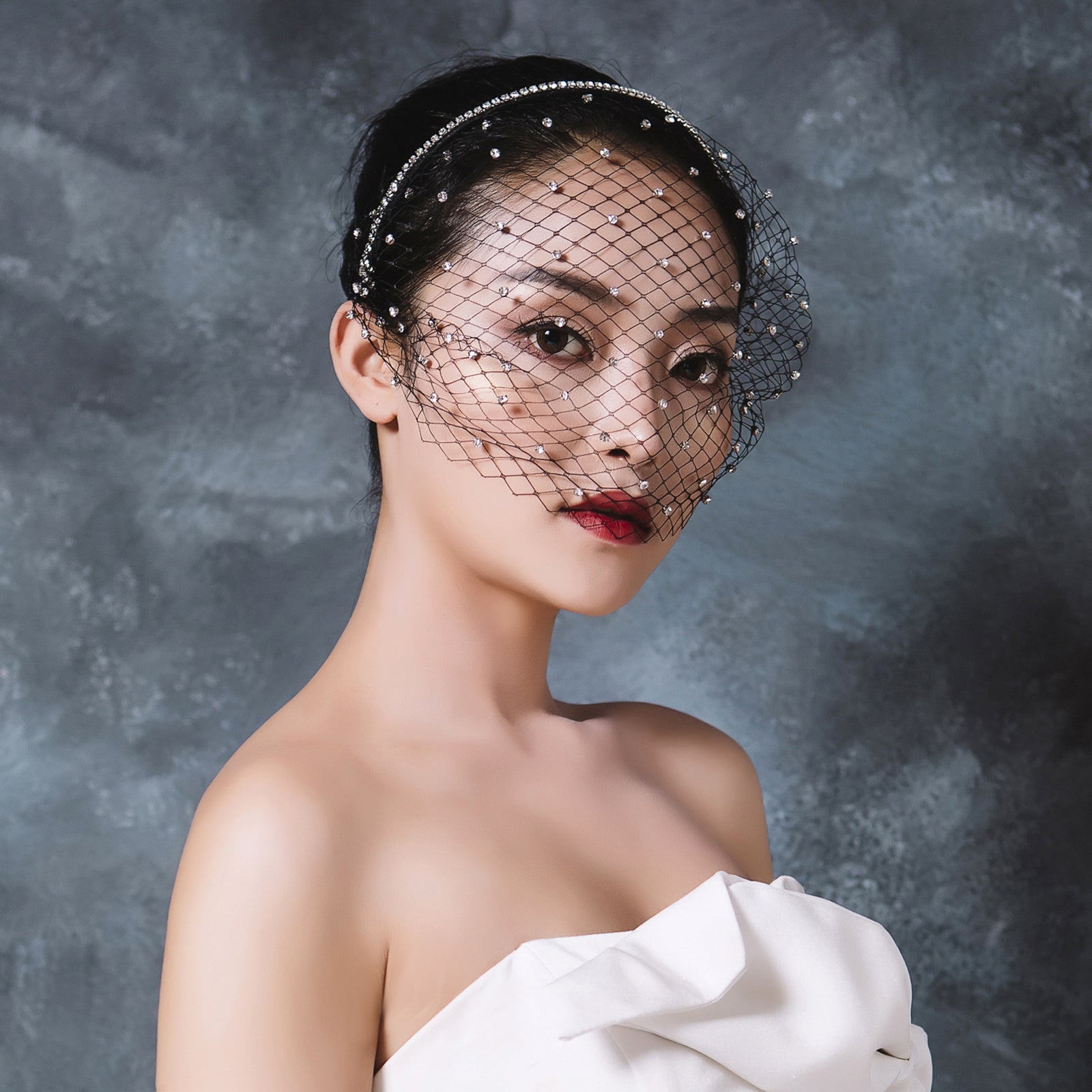 VA09-B black rhinestone mesh birdcage veil